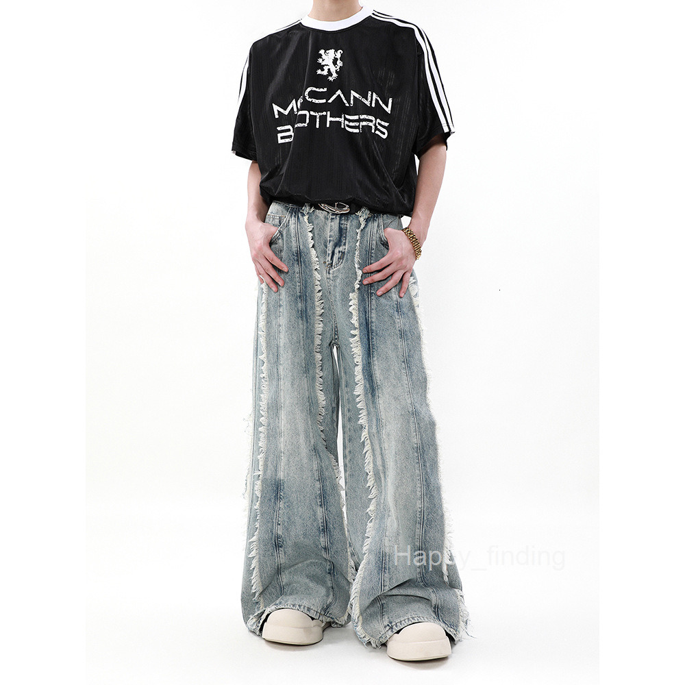 American Style Wasteland Style Su Patchwork Design Jeans for Men in Spring and Autumn Loose Wide Leg Long Pants