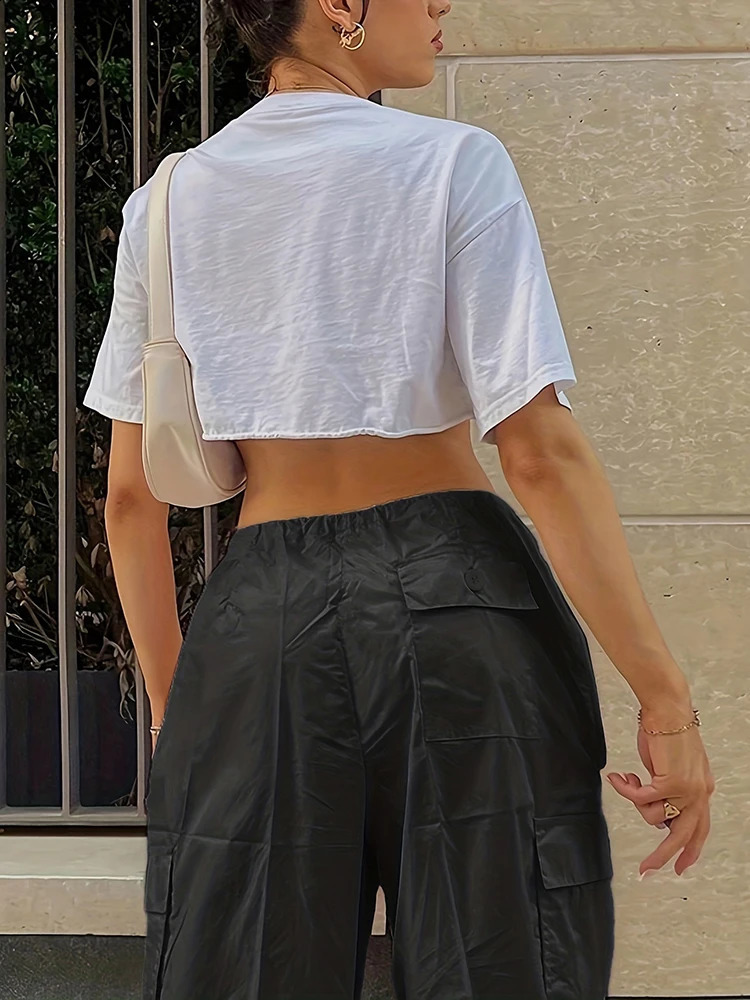 Y2K solid color low-waist parachute multi-pocket drawstring overalls 240821