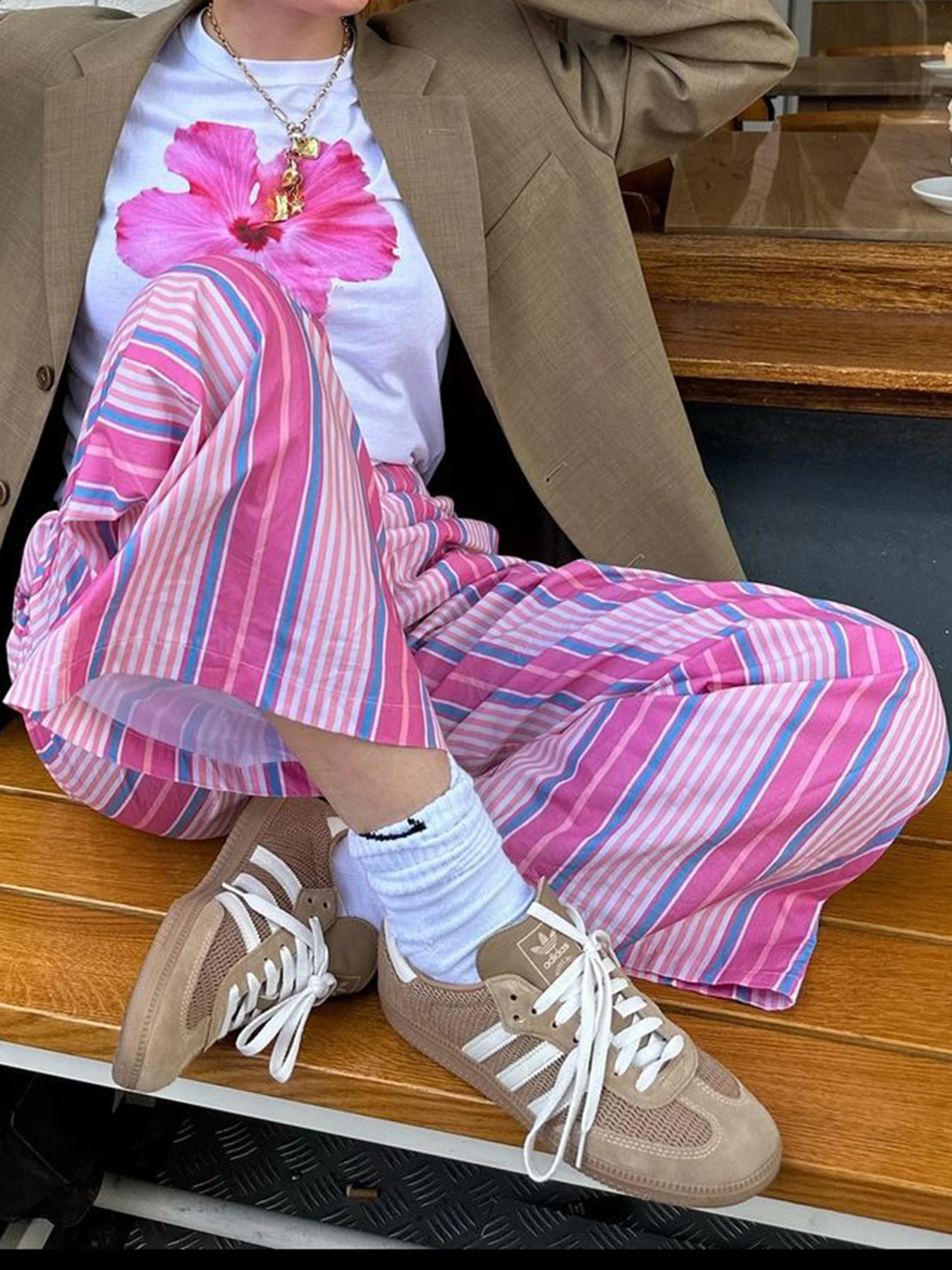 Pink Stripe Woven Straight Pants Women Drawstring Elastic Waist Casual Y2K Trousers 240821