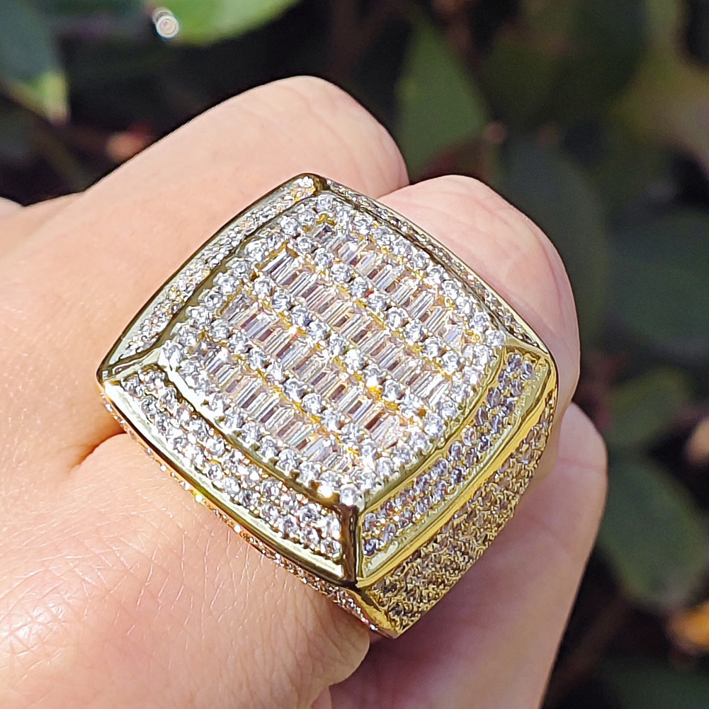 Hip Hop Casting Square Rings 18K Real Gold Plated Full 5A T Zircon Mens Jewelry