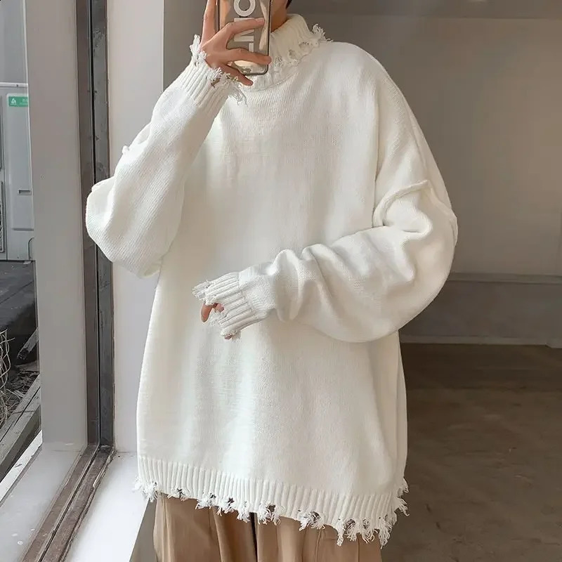 Man Clothes High Collar Knitted Sweaters for Men Torn Solid Color White with Holes Pullovers Plain Turtleneck Street Sheap Ugly 240821