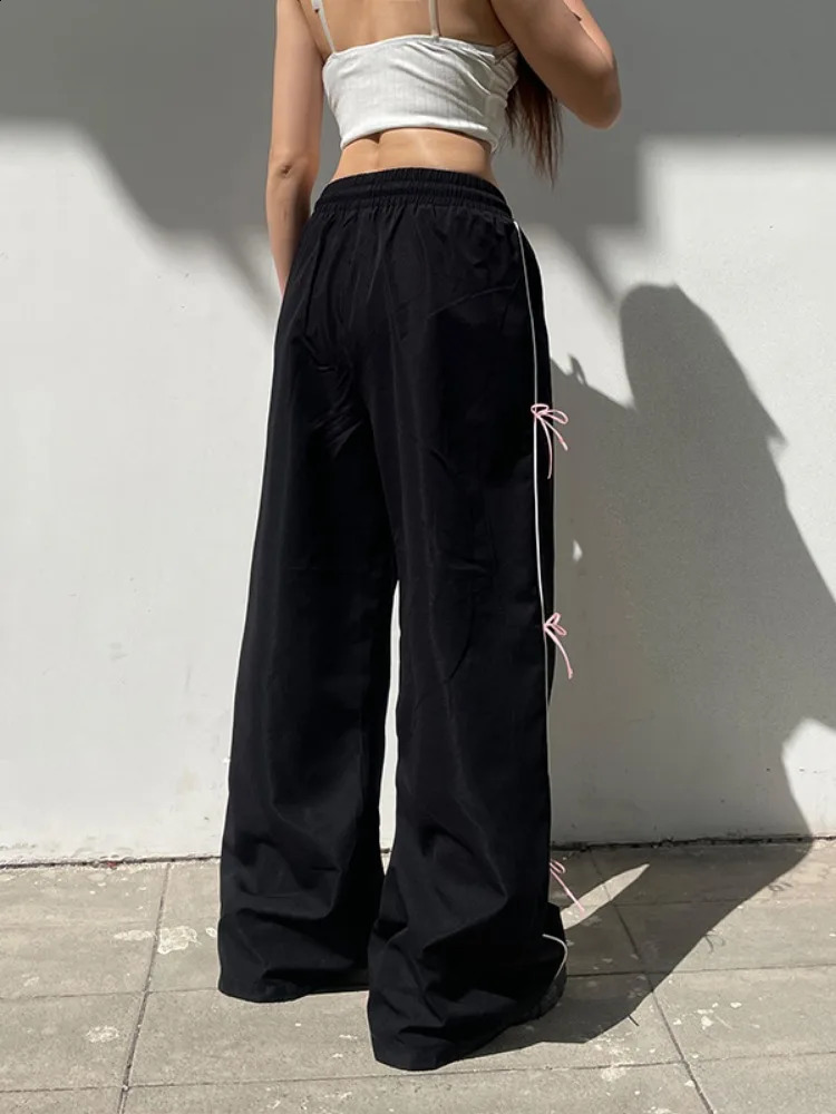 Streetwear Black Bow Femme Vintage Drawstring Wide Leg Pants for Women Y2k Aesthetic Trousers Harajuku Loose Summer Bottoms 240821