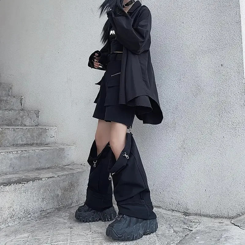 Black Pants Women Full-length Straight Wide Legs Cargo Hip Hop Holes Korean Fashion Baggy Y2k Zipper Pockets Patchwork Stylish 240821