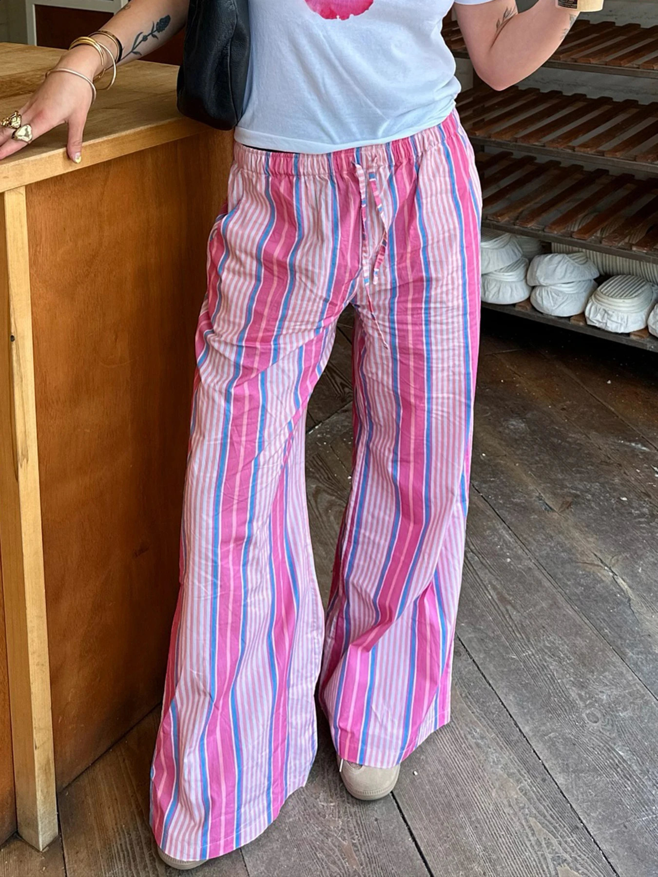 Pink Stripe Woven Straight Pants Women Drawstring Elastic Waist Casual Y2K Trousers 240821