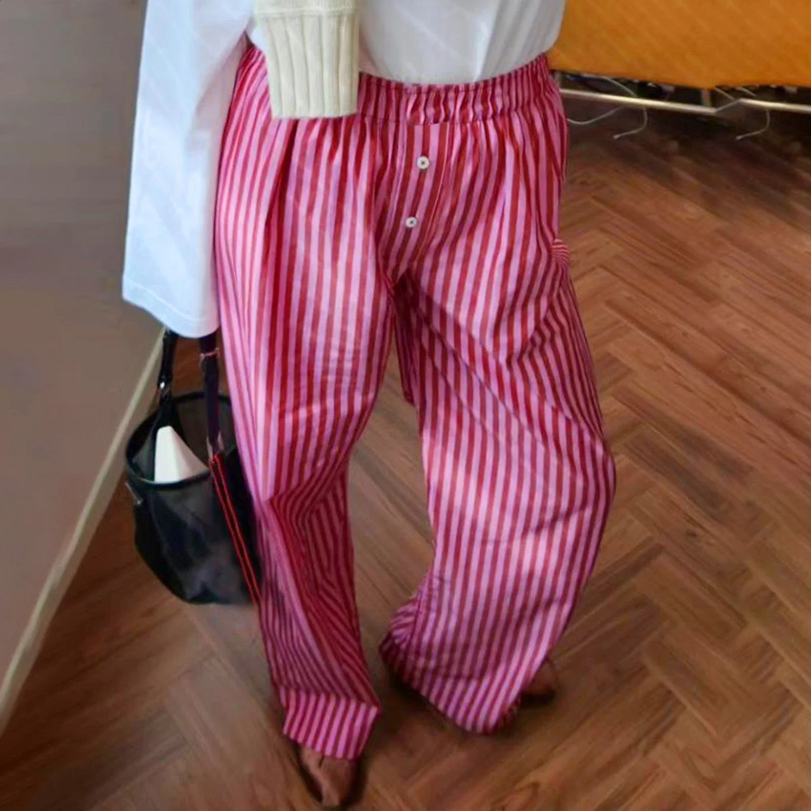 Combhasaki Womens Y2K Retro Vintage Casual Striped/Solid Long Pants Button Elastic High Waist Aesthetic Loose Straight Trousers 240821