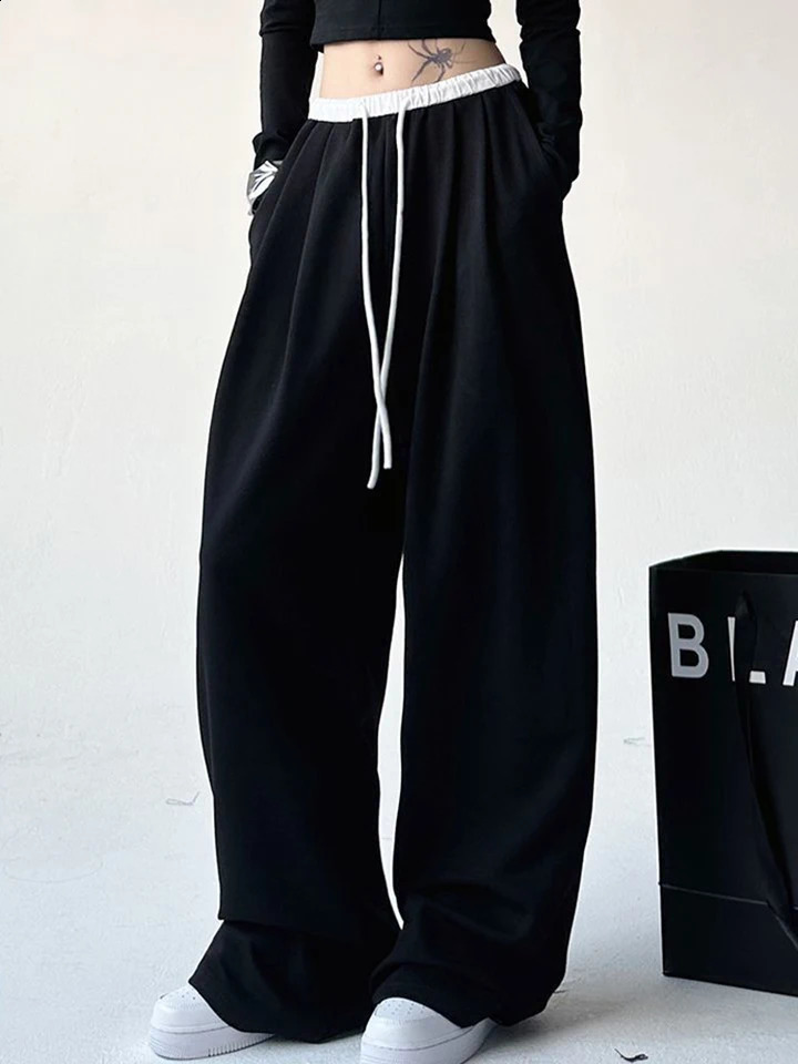 Zoki Streetwear Black Sweatpants Women Vintage High Waist Harajuku Y2K Trousers Casual Patchwork American Retro Loose Bf Pants 240821