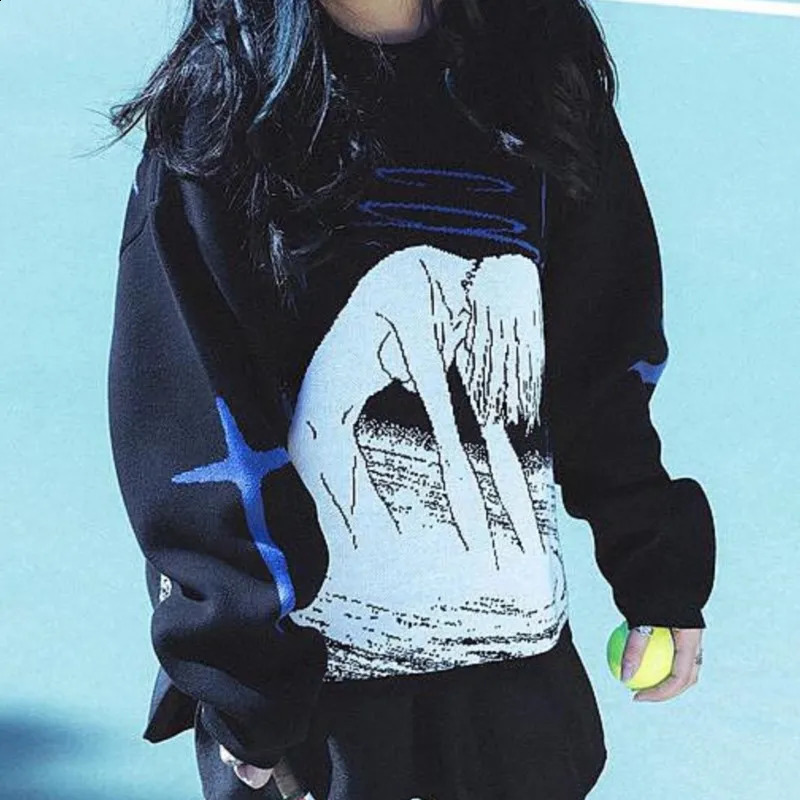 Japanese Kawaii anime pattern printing knitted Oneck womens Pullover Y2K Harajuku streetwear fairy fold loose couple sweater 240821