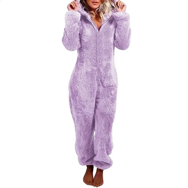 5XL Women Fluffy Jumpsuits Plush Velvet Hooded Outfits Tracksuits Zipper Loose Casual Rompers Winter Warm Overall Bodysuits 240821
