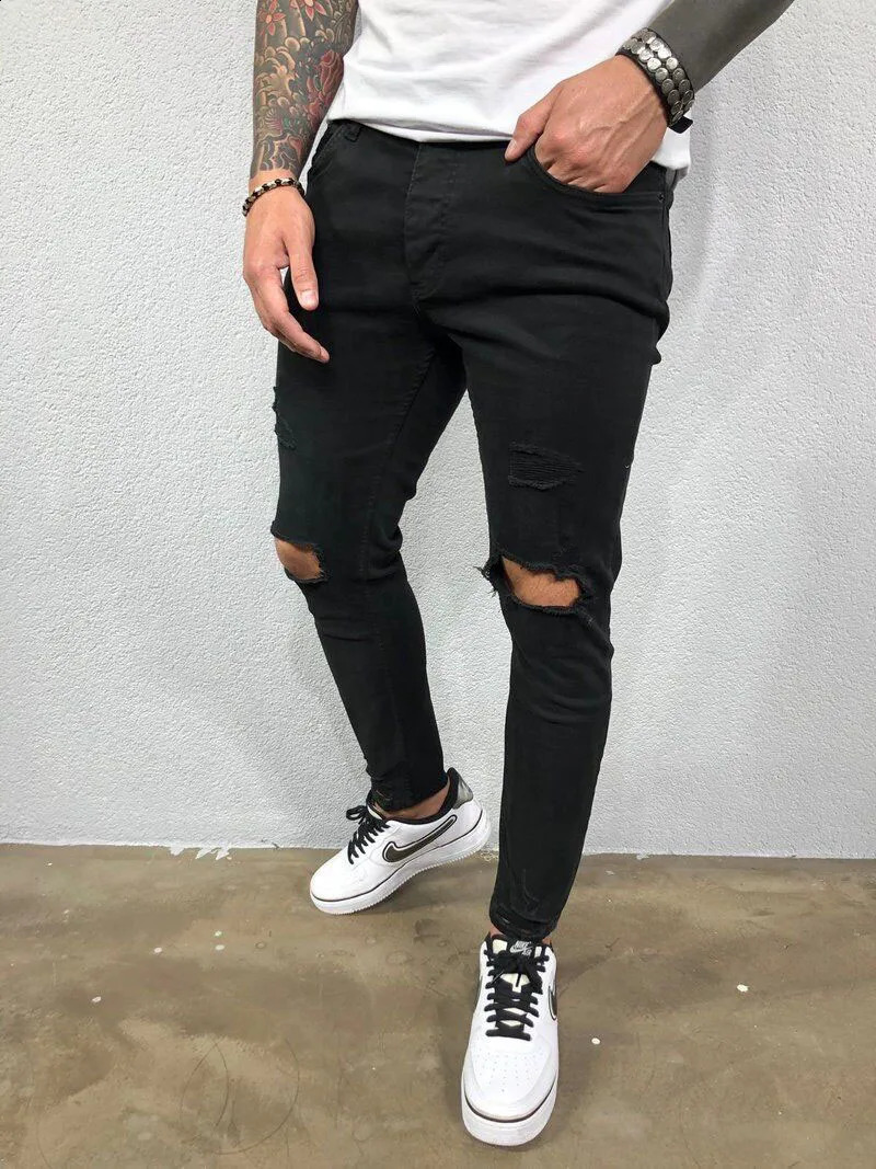 Mens Jeans Streetwear Ripped Skinny Hip Hop Man Fashion Estroyed Oversize Pants Solid Color Male Stretch Casual Denim Trousers 240821