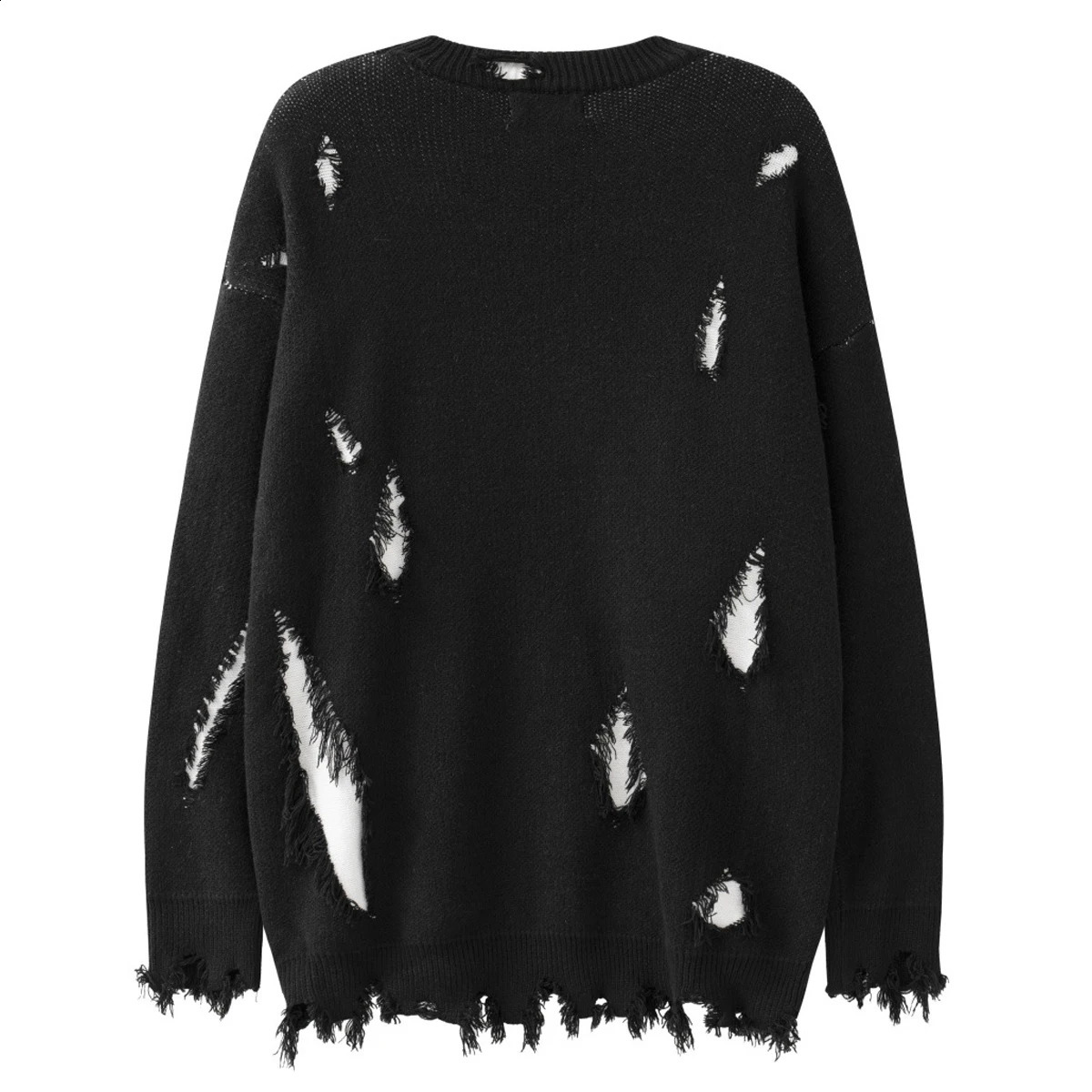Hip Hop Tassel Hole Knitted Sweater Men Punk Rock Oversized Letter Print Pullover Thick Sweater Cotton Loose Sweater Unisex 240821