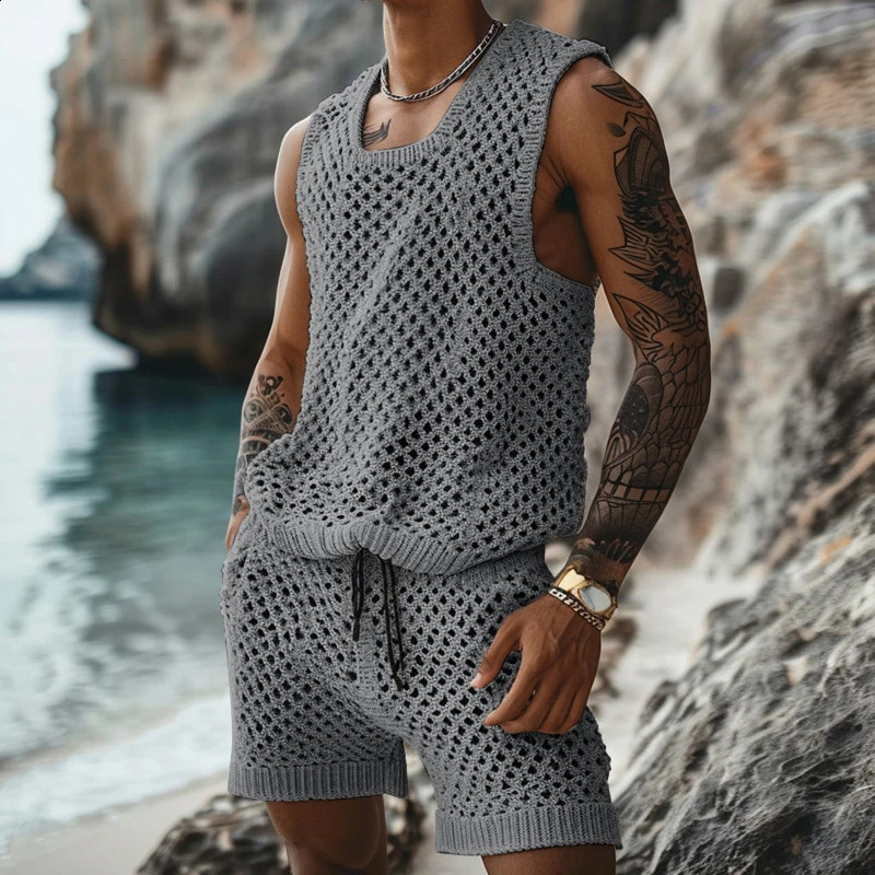 Casual Breathable Knitted Hollow Out Two Piece Sets Men Vintage O Neck Sleeveless Tank Top Knit Shorts Mens Outfits Summer Suits 240819