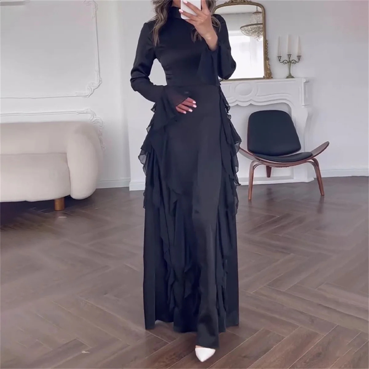 Womens O Neck Long Dresses Fashion Stringy Selvedge Flared Long Sleeve Dress White High Waist Dinner Gown Autumn Party Vestidos 240813