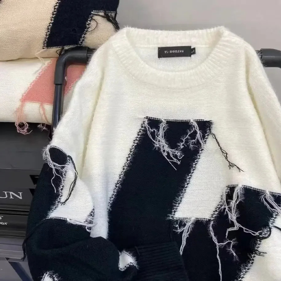 American Retro Autumn And Winter Loose Fringed Round Neck Knitted Thick Sweater Men n Sense Of Contrast Street Hip-hop Top 240821