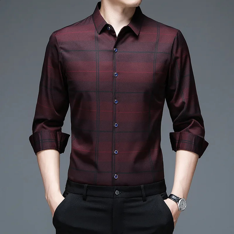 Spring Autumn Plaid Polo Shirt Mens Long Sleeve Shirts Casual Fashion Business Shirts Male Formal Top 240822