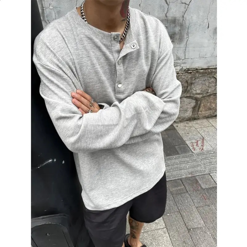 Mens Trend Button Loose T Shirts Spring Autumn Long Sleeve Solid Color Plus Size Tops Tees Fashion Casual Men Clothing 240822