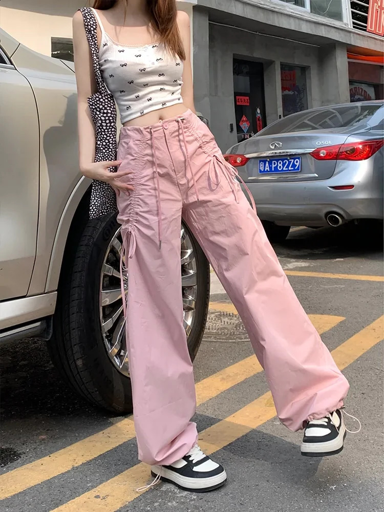 ADAgirl Irregular Drawstring Cargo Parachute Pants Women Y2k Baggy Wide Leg Jogger Korean Fashion Casual Loose Straight Trousers 240821
