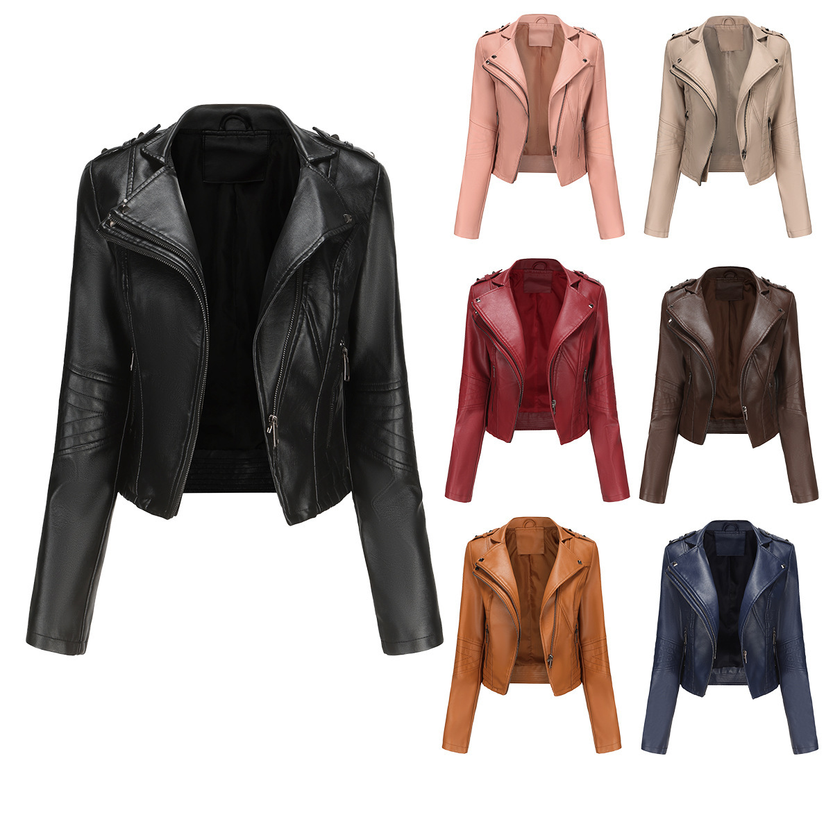 New Slim Fit Long Sleeved Spring and Autumn Leather Coat Womens Rivet Popular Short Coat Zipper Leather Jacket