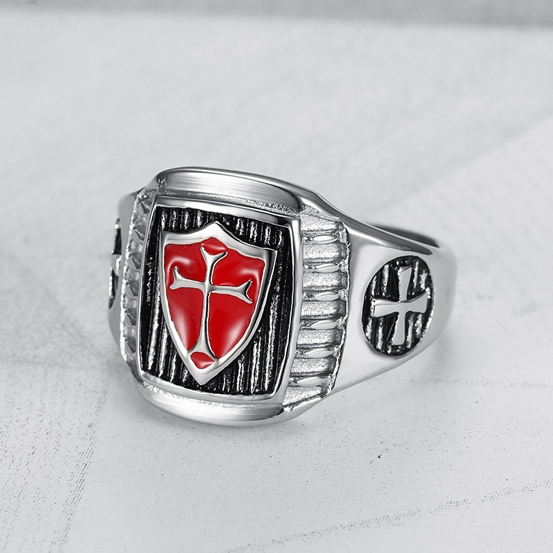 Vintage Shield Cross Casting Ring Titanium Steel Red Oil Drip Mens Jewelry