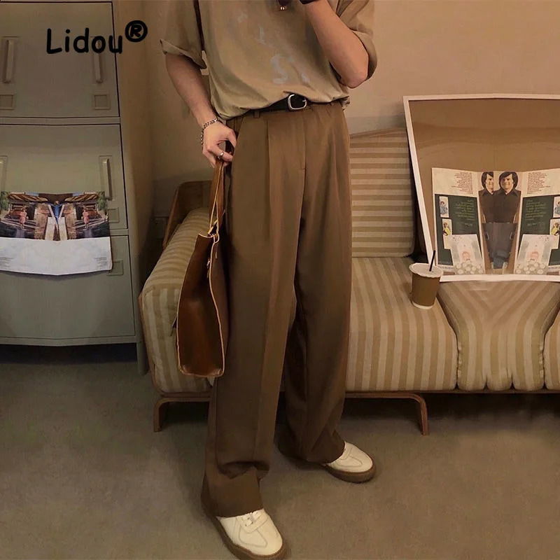 Vintage Solid Color Summer Straight Cylinder Mens Wide Leg Pants Pocket Fashion All-match Street Casual Loose Male Trousers 240822