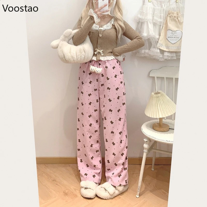 Japanese Sweet Cartoon Bear Print Corduroy Wide Leg Casual Pants Women Vintage Y2k Cute Loose Trouser Korean Harajuku Sweatpants 240821