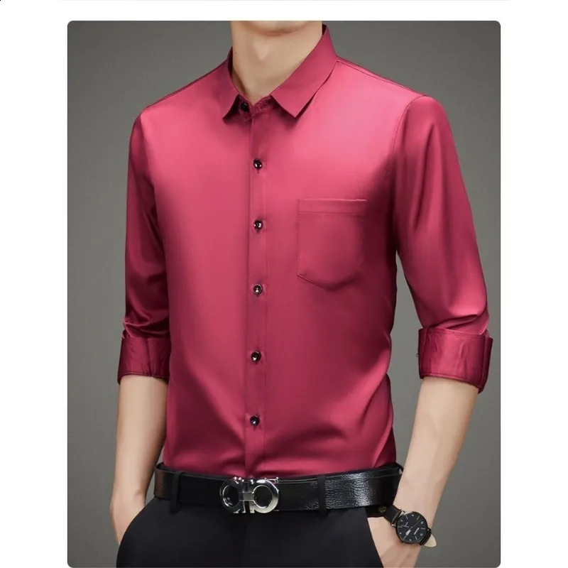 100% Mulberry Silk Shirt Men High Quality Long Sleeve Pocket High-end Business Casual Elastic Anti-wrinkle Non-iron Mens Shirts 240822
