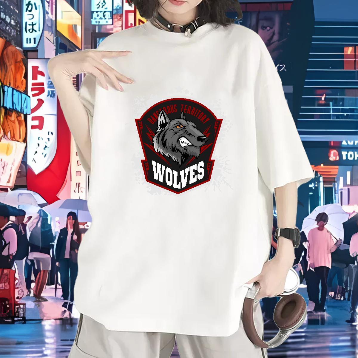 Casual New T Shirt For Woman O-Neck Short Sleeve 230g 100% Cotton Women Tees Cartoon Anime wolf Daily Wear Designer Tops Shirt