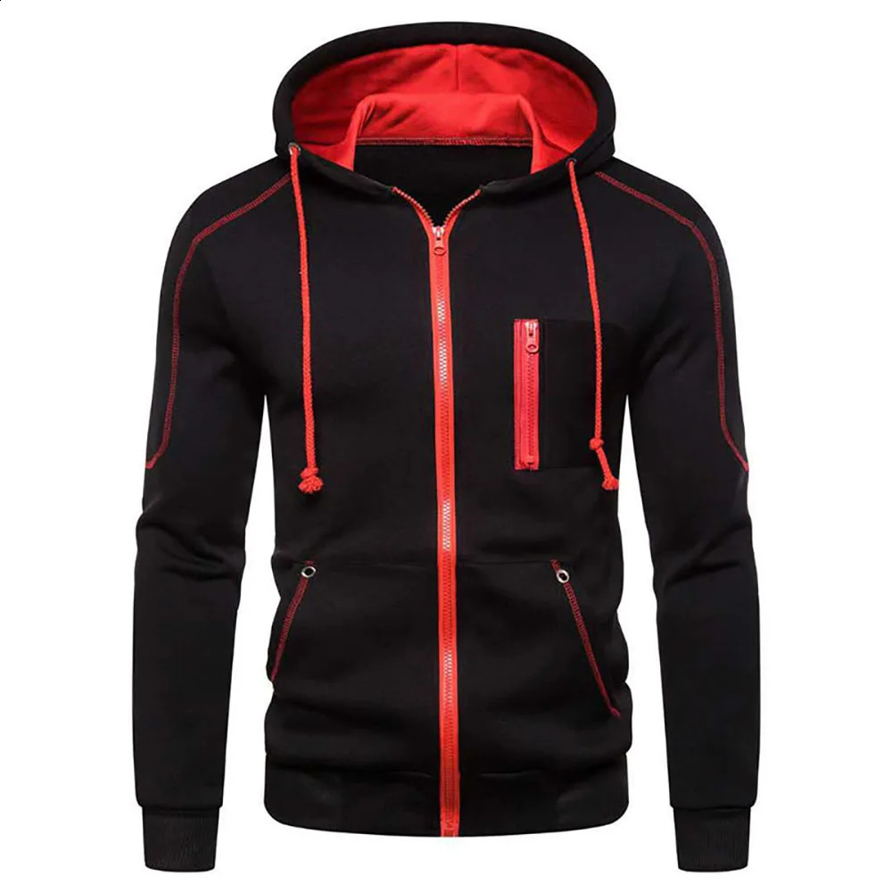 Mens jacket fashion hoodie long sleeved zipper wool sweater casual sportswear mens clothing plus size black Whi 240822