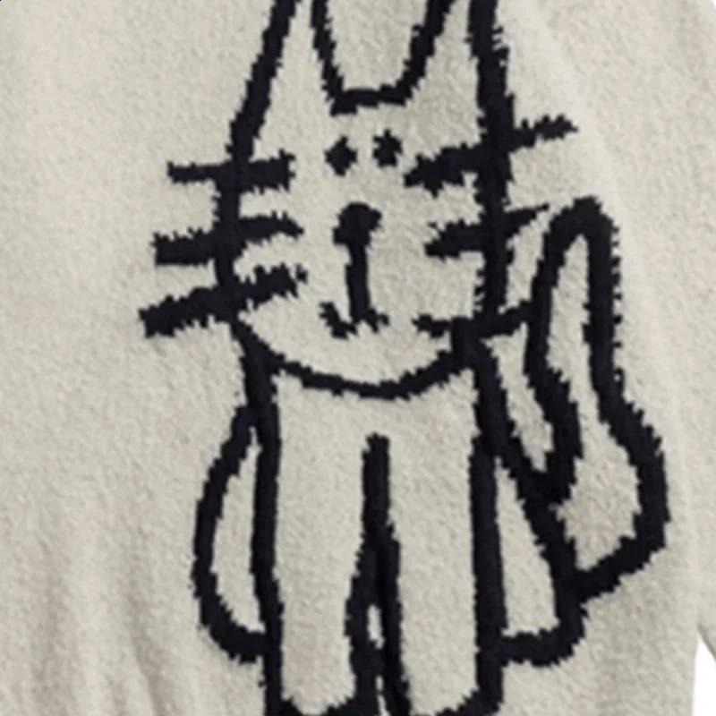 WOMEN Cute Cat Pattern Knitted Sweater CasualWarm Stretchy Crew Neck Pullover for Fall and Winter 240821