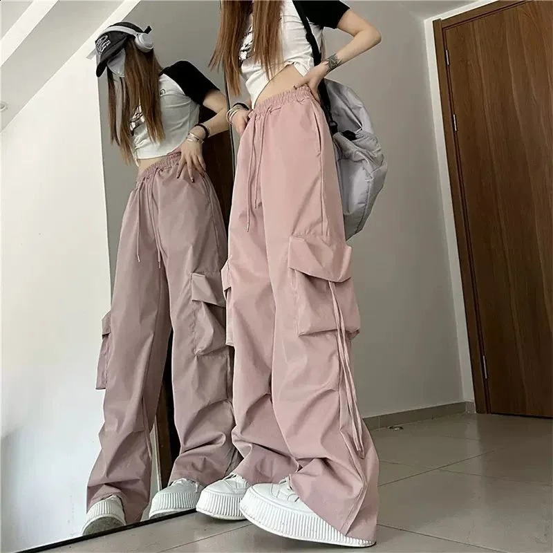 Hip Hop Cargo Pants Women Jazz Black Big Pockets Streetwear Trousers High Waisted Solid Fashion Harajuku Y2K Wide-Legged Pants 240821
