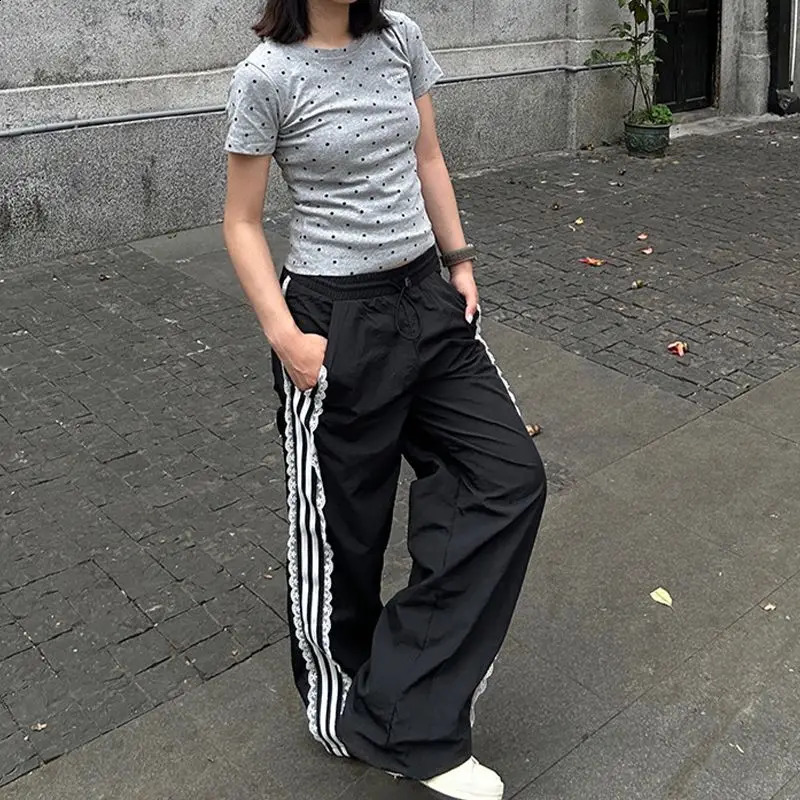 HOUZHOU Coquette Sweatpants Women Summer Y2K Vintage Lace Stripe Patchwork Elastic Waist Casual Sports Pants Trousers Streetwear 240821