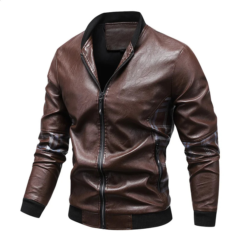 Autumn Side Plaid Spliced Leather Jacket Men Stand Collar Slim Pu Leather Jacket Fashion Motorcycle Causal Coat Winter Mens Coat 240822