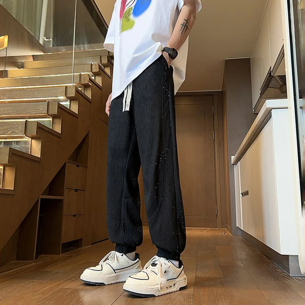 Mens Long Pants Casual Streetwear Wide Leg Pants Summer Thin Ice Silk Texture Quick Drying Wear-Resistant Pants Mens Clothing 240821