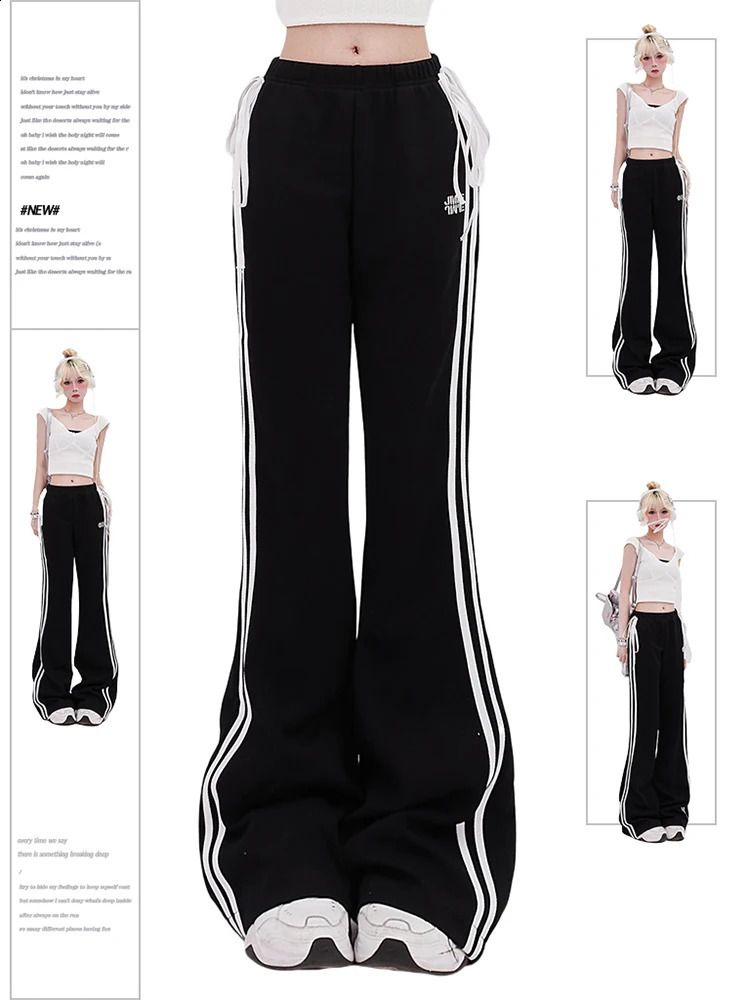 Women Black Gothic Striped Flare Pants Harajuku Streetwear Sweatpants Jogger Y2k 2000s Aesthetic Pants Vintage Trousers Clothes 240821