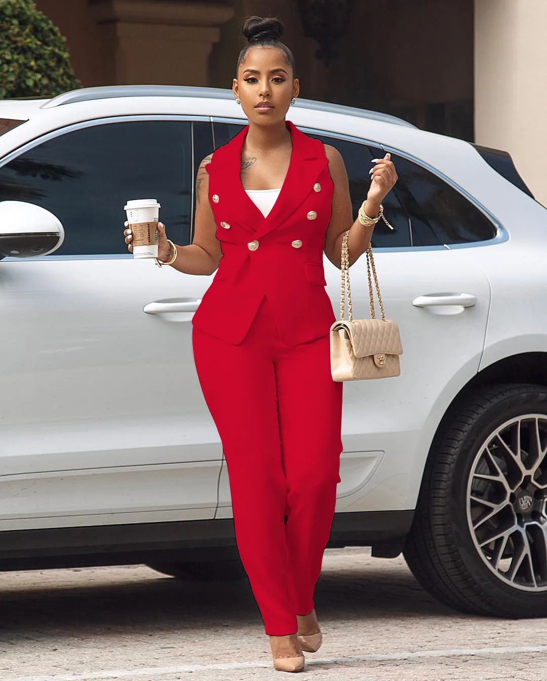 Women Summer Sleeveless Notch Neck Blazers Long Pants Suit Two Piece Set Vintage Office Lady Tracksuit Outfit Overall 240809