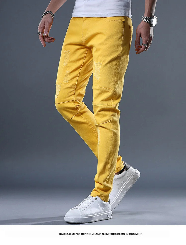 Yellow Red White Jeans Men Fashion Slim Fit Straight Pants Summer Streetwear Ripped Patch Denim Trousers 240821