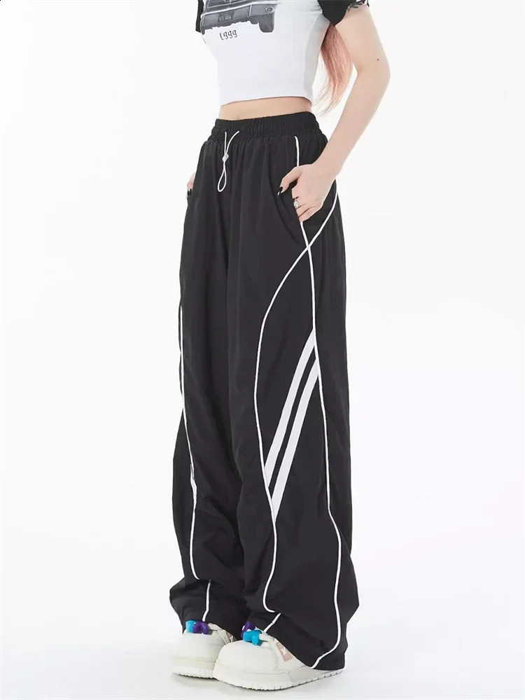 QWEEK Harajuku Egirl Gray Track Pants Women Y2K Vintage Striped Sweatpants Oversized Streetwear Hippie Wide Leg Black Joggers 240821