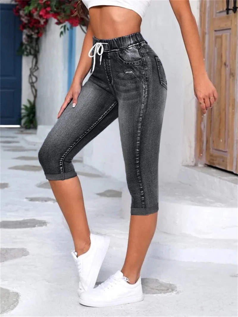 Summer Womens Elastic Waist Black Ripped Jeans Fashion High Stretch Calf-Length Denim Pencil Pants S-2XL 240821