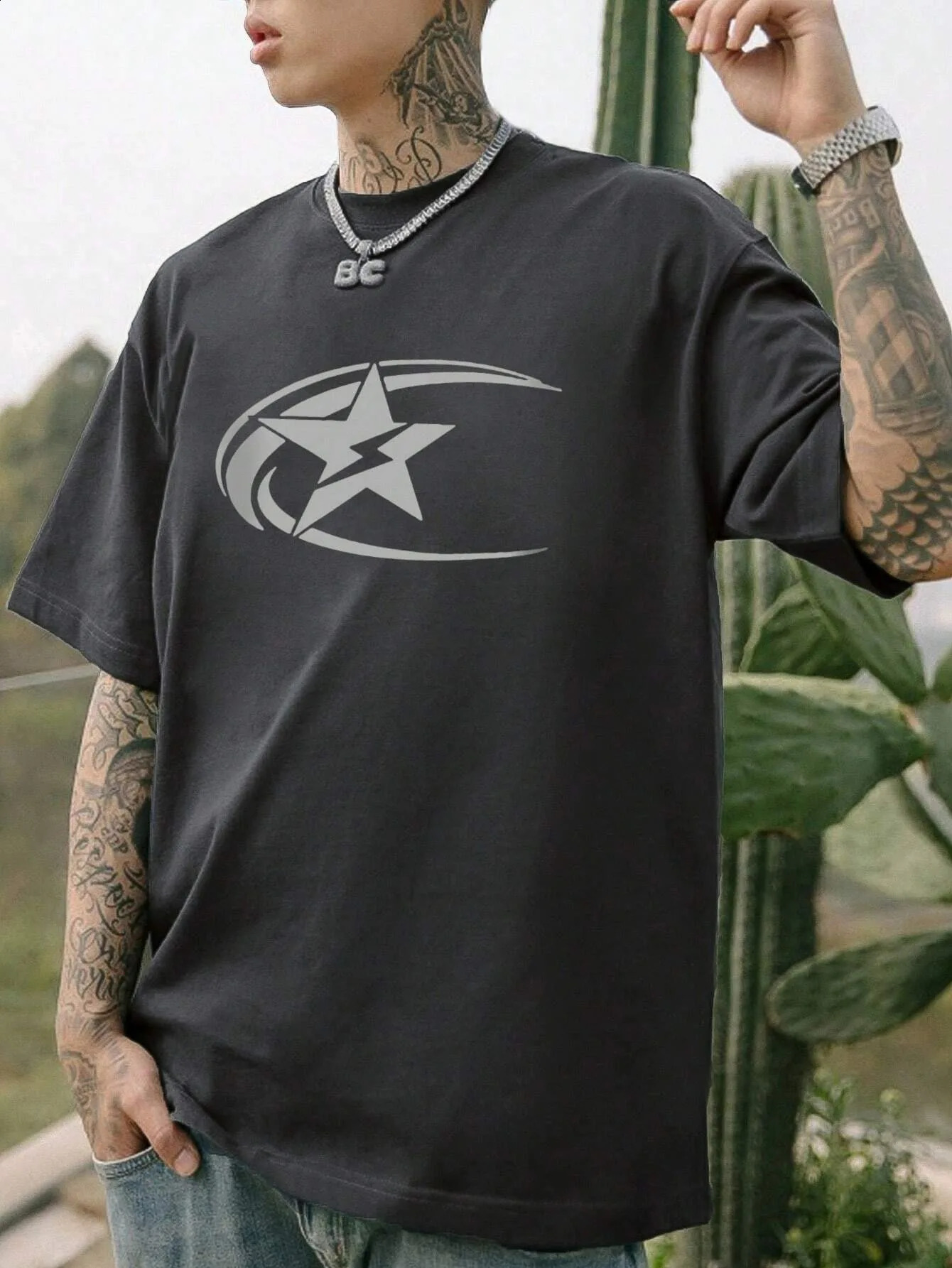 male star printed short sleeved Tshirt for summer mens clothing fashion top casual solid color Y2K street 240822