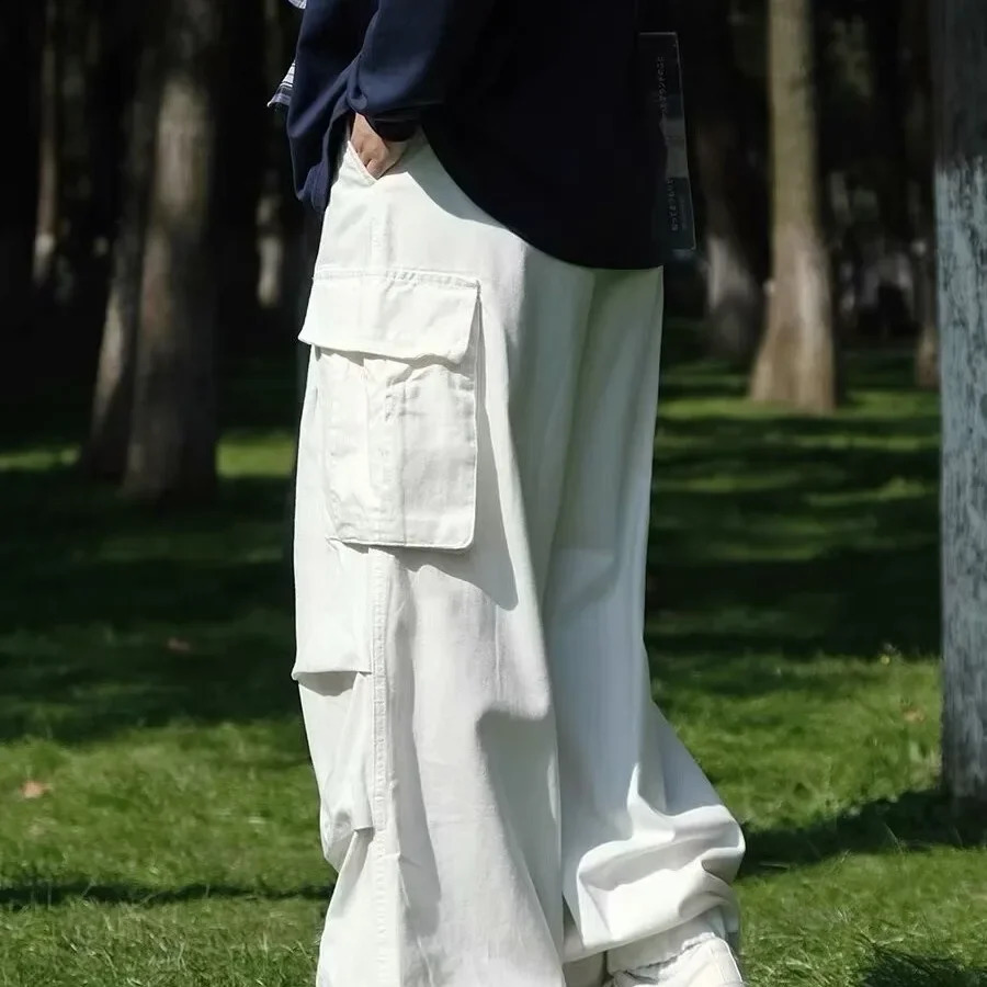Slimmingtrendy White Casual Pants Loose-fit Hip Hop Large Pocket Cargo Pants Wide Leg n Sensibility For Men 240822