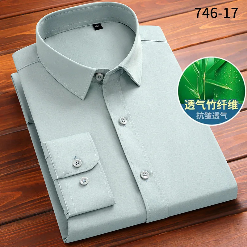 Elastic long sleeved white shirt for mens suit business dress casual silk smooth and wrinkle resistant bamboo fiber shirt 240822