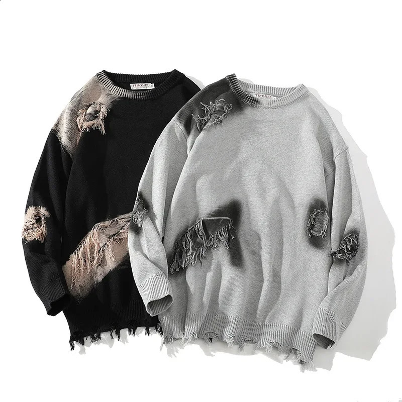 Autumn White Bottom Tie Dyed Tassel Broken Hole American Street Knitted Sweater for Men 240821