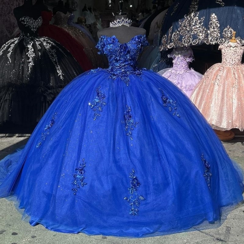 Royal Blue Shiny Sweetheart Quinceanera Dresses Off Shoulder Beads Applique Lace Ball Gown Sweet 16 Dress vestidos 15 de