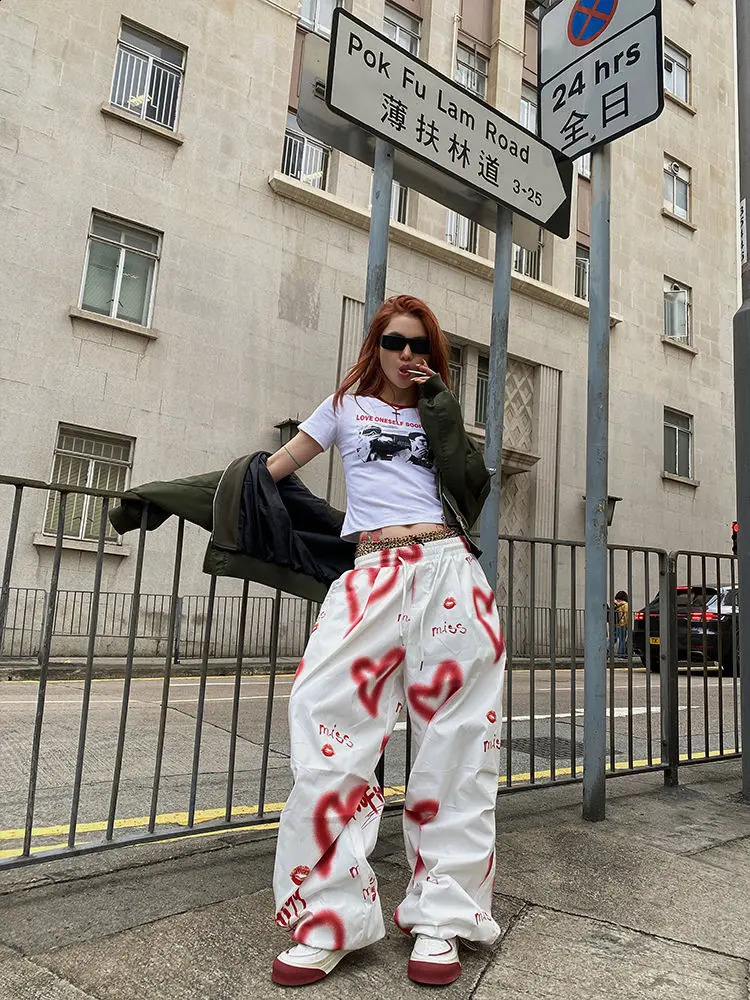QWEEK Y2K Love Graffiti Print Cargo Pants Women High Street Hip Hop Trousers Women Pants Casual Wide Leg Floor Trousers 240821