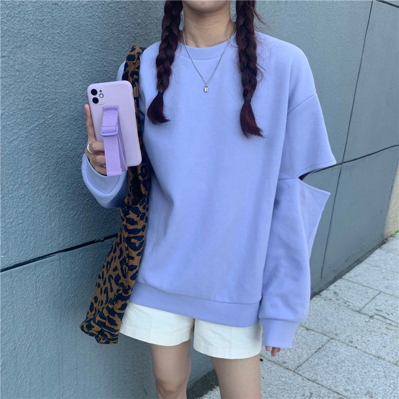 Autumn New Korean Edition Simple Solid Color Piercing Careful Machine Long Sleeve Women's Hoodie Loose Casual Top dongdumaoyi