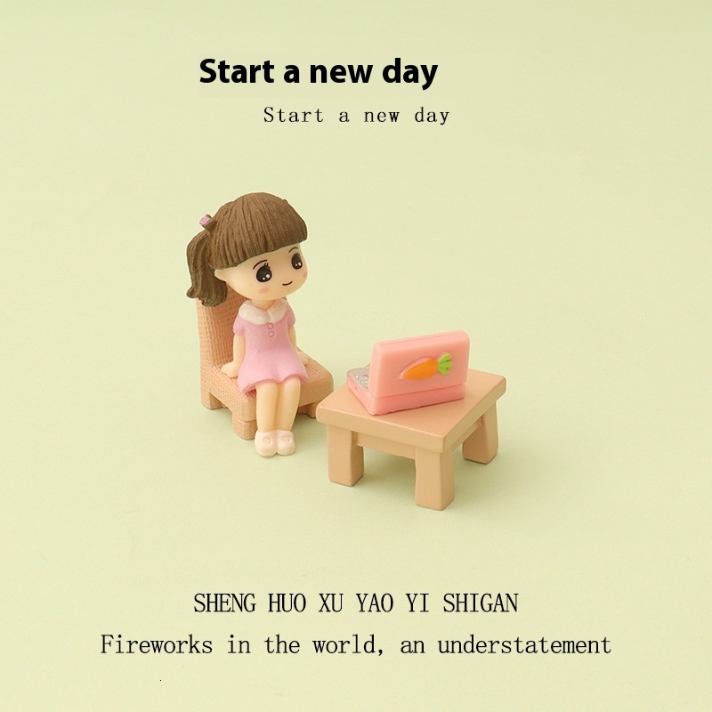 Cartoon Cute Little Girl Mini Computer Desk and Chair Micro Landscape Work Scene Baby House Accessories Home Decoration Ornament