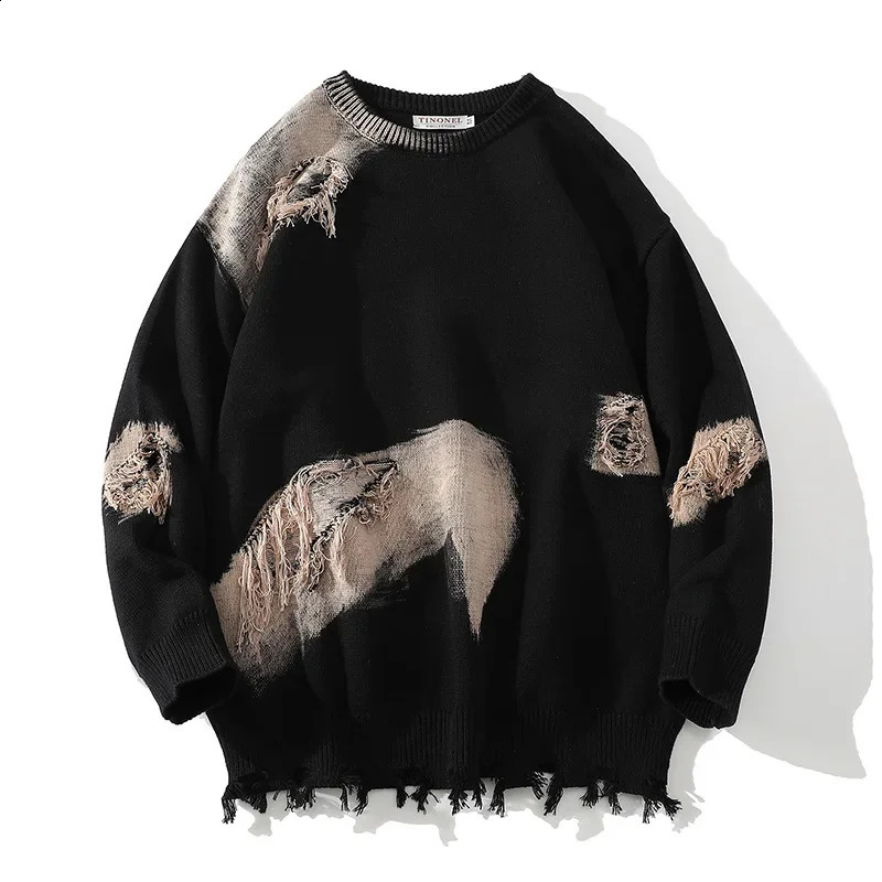 Autumn White Bottom Tie Dyed Tassel Broken Hole American Street Knitted Sweater for Men 240821