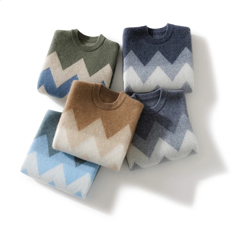100% Merino pure wool mens round neck floral autumn and winter knitted retro sweater 240821