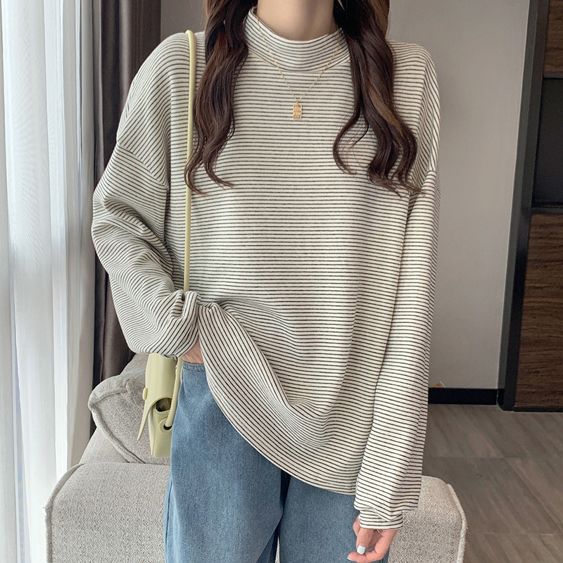 Spring Autumn New Korean Version BF Style Loose and Slim Half High Collar Striped Long Sleeve Hoodie for Women's Head Casual Top dongdumaoyi