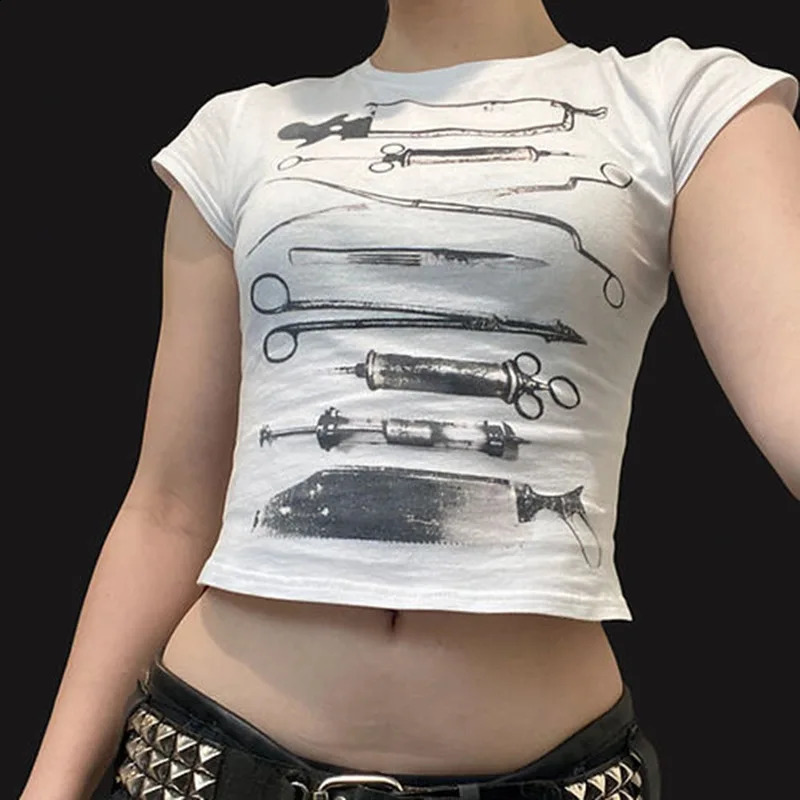 Goth dark Acubi Fashion Print Short Sleeve T-Shirt Casual O-neck Crop Tops For Women Anime E- Streetwear Slim Tees Gothic 240822