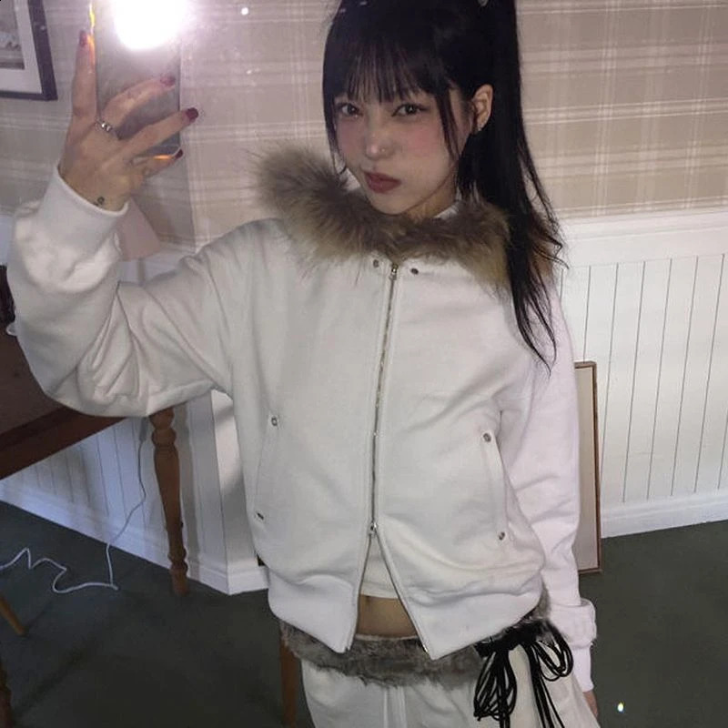 Fairy Fur Patchwork Fashion Sweatshirt Retro Grunge Full Match Womens Coat Double Zipper Casual Hoodie Y2k Aesthetic 240821